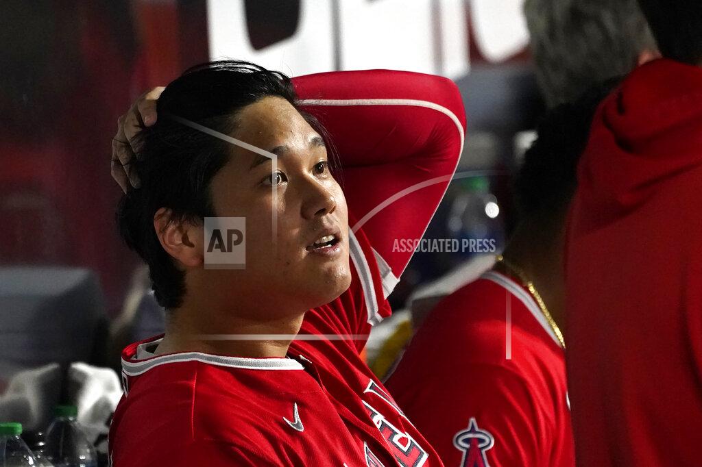 Charles Rex Arbogast Los Angeles Angels' Shohei Ohtani sits in the dugout after being called out on strikes during the fourth inning of the team's baseball game against the Chicago White Sox on Tuesday, Sept. 14, 2021, in Chicago. (AP Photo/Charles Rex Arbogast)