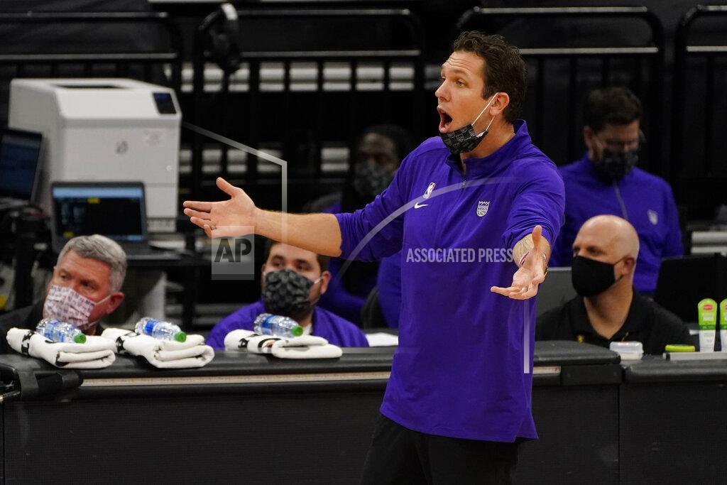 Rich Pedroncelli Sacramento Kings coach Luke Walton reacts to a foul called against the team during the first quarter of an NBA basketball game against the Portland Trail Blazers in Sacramento, Calif., Saturday, Jan. 9, 2021.(AP Photo/Rich Pedroncelli)