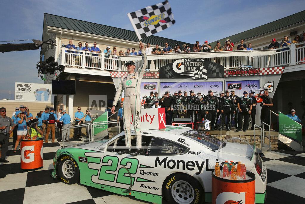 John Munson Austin Cindric celebrates after winning the NASCAR Xfinity Series auto race at Watkins Glen International, Saturday, Aug. 3, 2019, in Watkins Glen, N.Y. (AP Photo/John Munson)