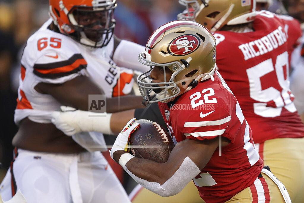 Ben Margot San Francisco 49ers running back Matt Breida (22) runs for a touchdown against the Cleveland Browns during the first half of an NFL football game in Santa Clara, Calif., Monday, Oct. 7, 2019. (AP Photo/Ben Margot)