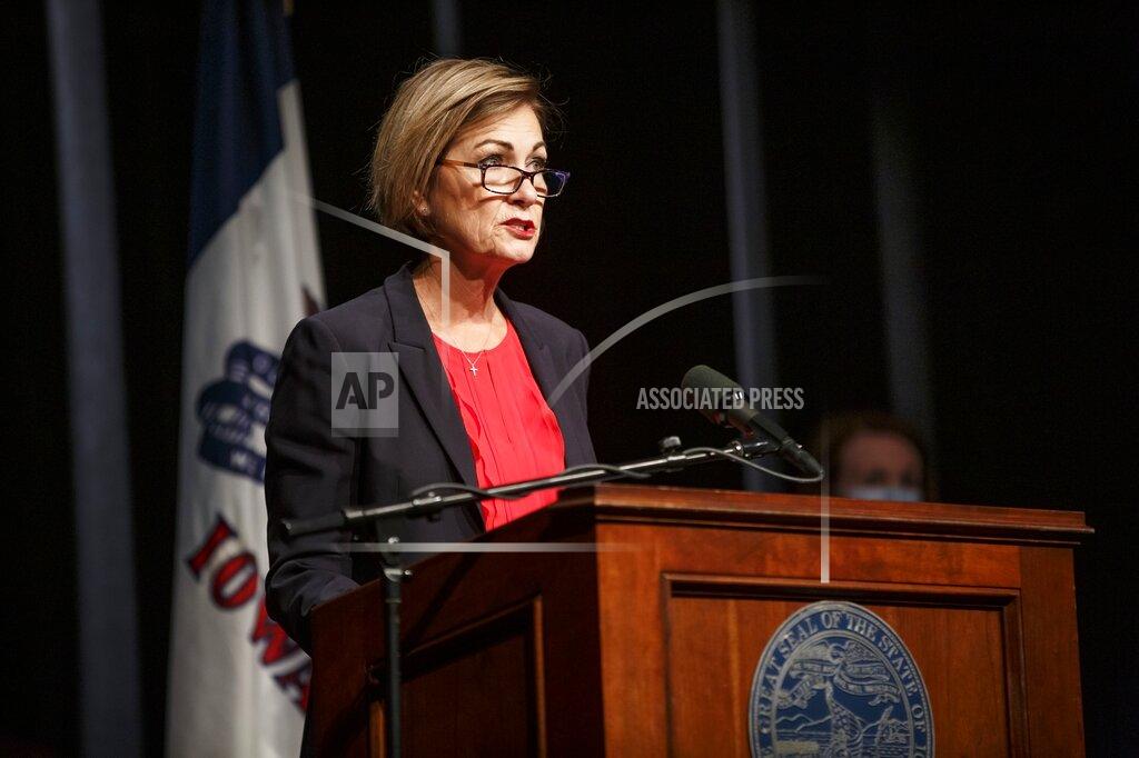 Brian Powers Iowa Gov. Kim Reynolds speaks during a press conference at Iowa PBS, Thursday, Aug. 27, 2020, in Des Moines, Iowa. As the number of COVID-19 cases continues to rise in the state, Reynolds ordered bars closed in six Iowa counties with the highest number of cases. (Brian Powers/The Des Moines Register via AP)