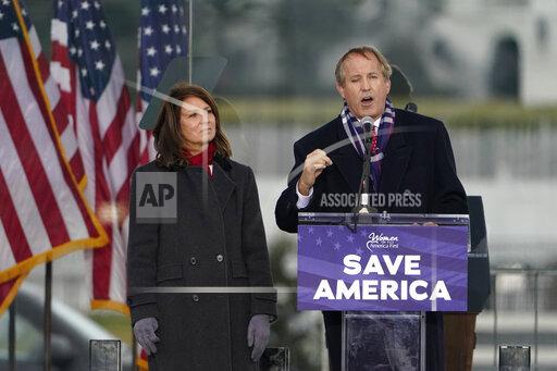 FILE - Texas Attorney General Ken Paxton speaks at a rally in support of President Donald Trump called the "Save America Rally" in Washington on Jan. 6, 2021. A district attorney says Paxton violated the state's open records laws by withholding or failing to retain his communications relating to his appearance at a pro-Trump rally that preceded the deadly riot at the U.S. Capitol last year. (AP Photo/Jacquelyn Martin, File)