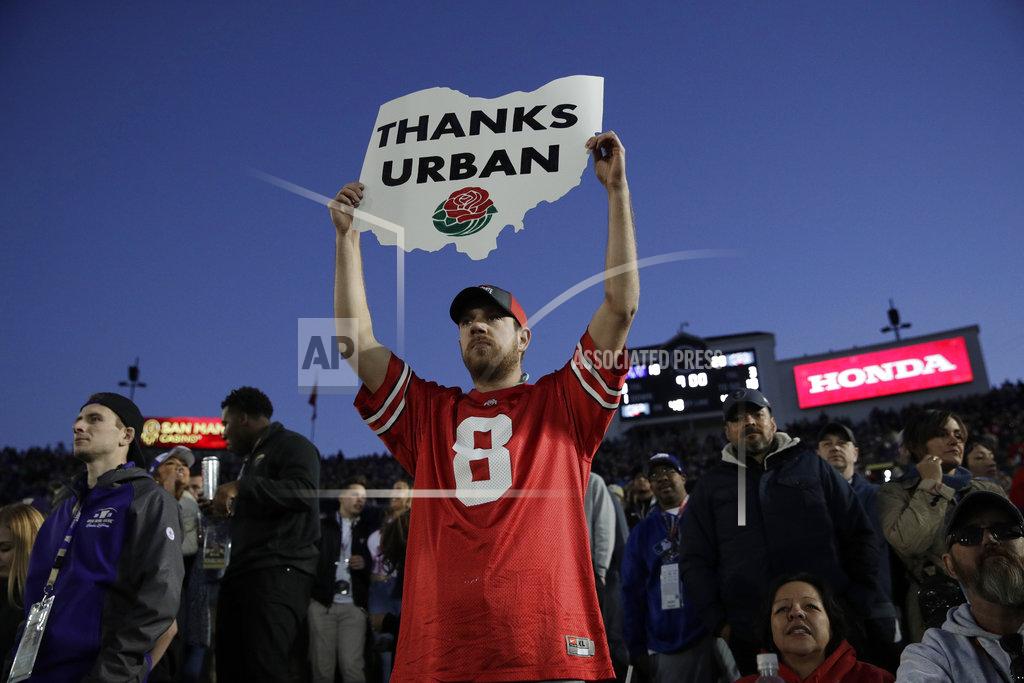 Jae C. Hong A fan shows support for Ohio State coach Urban Meyer during the second half of the team's Rose Bowl NCAA college football game against Washington on Tuesday, Jan. 1, 2019, in Pasadena, Calif. (AP Photo/Jae C. Hong)