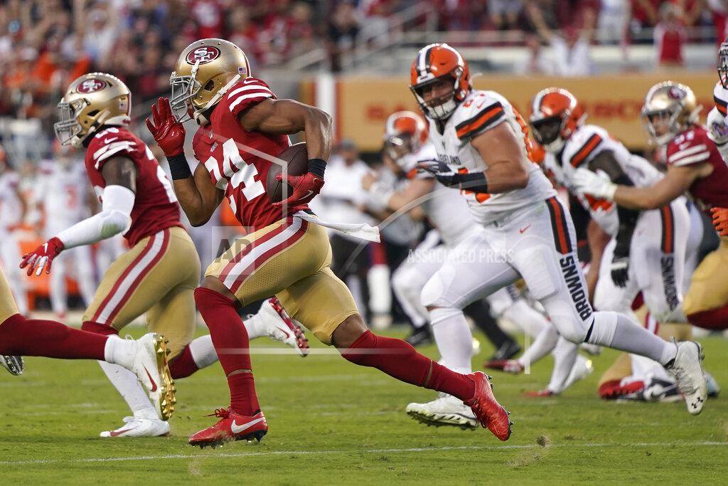 Tony Avelar San Francisco 49ers defensive back K'Waun Williams (24) returns an interception against the Cleveland Browns during the first half of an NFL football game in Santa Clara, Calif., Monday, Oct. 7, 2019. (AP Photo/Tony Avelar)