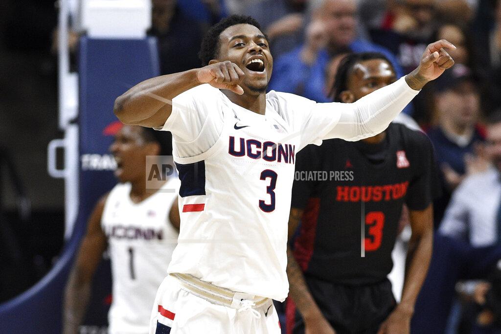 Jessica Hill Connecticut's Alterique Gilbert reacts to a play in the first half of an NCAA college basketball game against Houston, Thursday, March 5, 2020, in Storrs, Conn. (AP Photo/Jessica Hill)