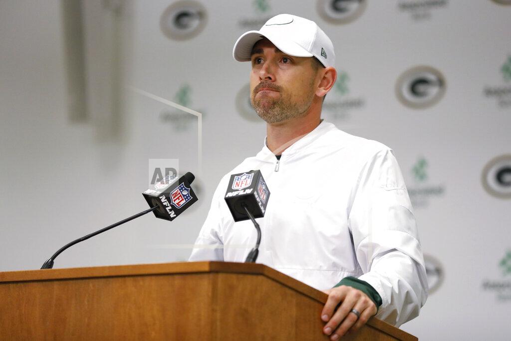 Green Bay Packers coach Matt LaFleur speaks during a news conference following the team's NFL football game against the Philadelphia Eagles on Thursday, Sept. 26, 2019, in Green Bay, Wis. Philadelphia won 34-27. (AP Photo/Mike Roemer)