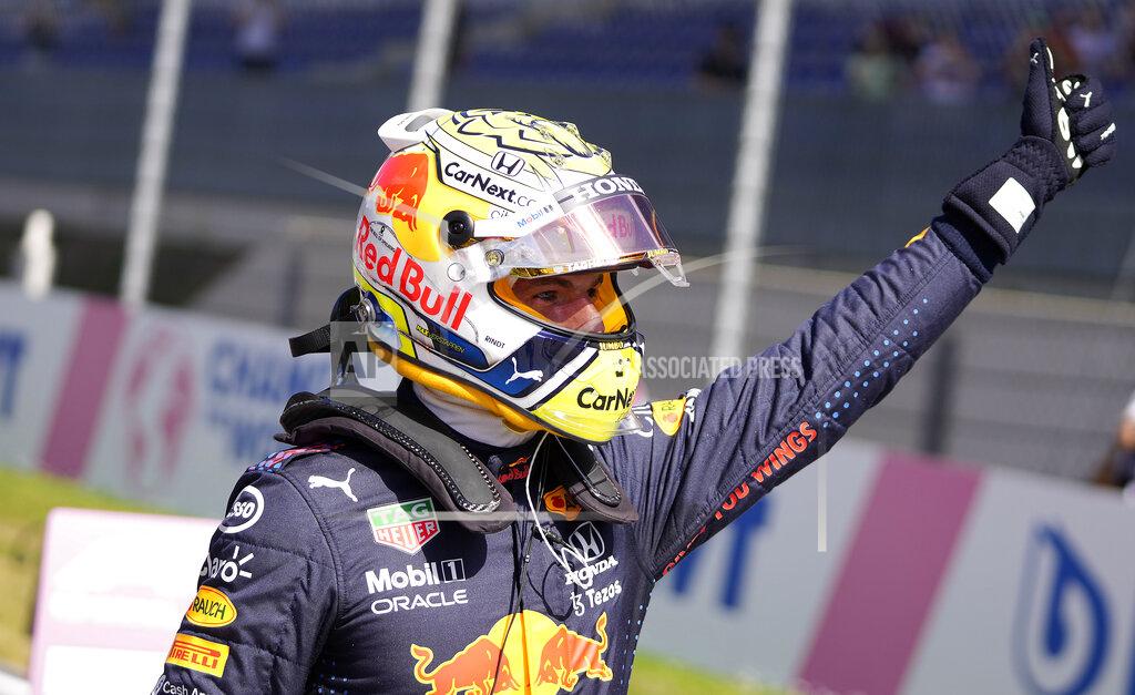 Darko Vojinovic Red Bull driver Max Verstappen of the Netherlands celebrates after winning the qualifying at the Red Bull Ring racetrack in Spielberg, Austria, Saturday, June 26, 2021. The Styrian Formula One Grand Prix will be held on Sunday, June 27, 2021. (AP Photo/Darko Vojinovic, Pool)