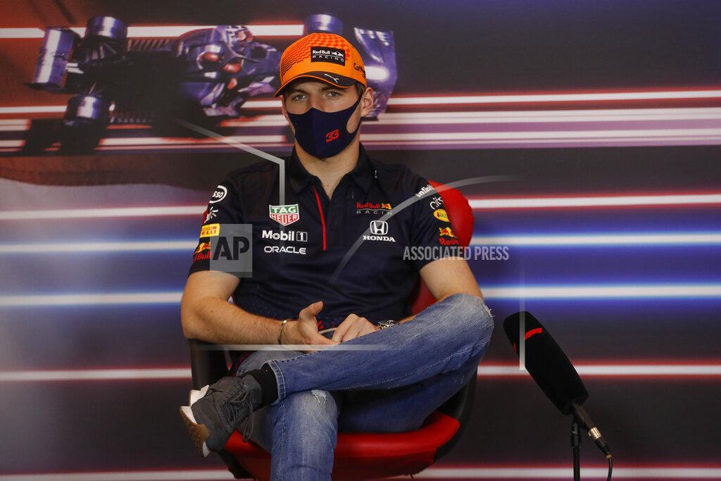 Sebastien Nogier Red Bull driver Max Verstappen of the Netherlands attends a press conference ahead of Sunday's Formula One race, in Monaco, Wednesday, May 19, 2021. (Sebastien Nogier, Pool via AP)