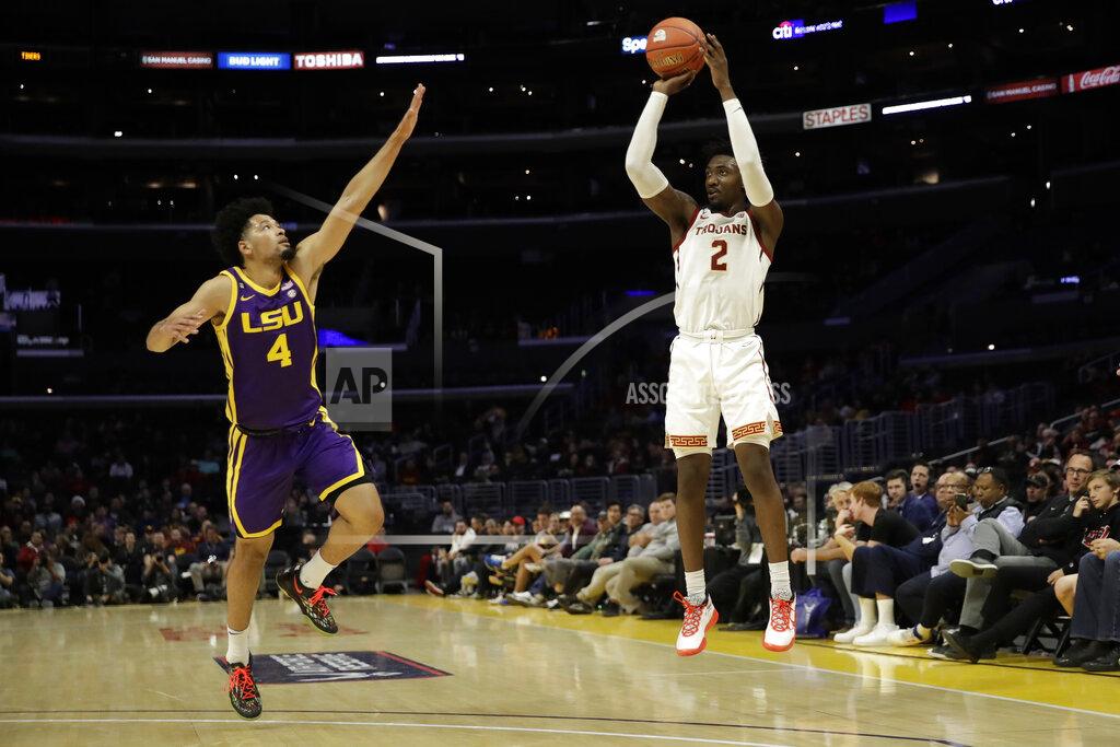 Marcio Jose Sanchez Southern California guard Jonah Mathews (2) shoots over LSU guard Skylar Mays (4) during the first half of an NCAA college basketball game Saturday, Dec. 21, 2019, in Los Angeles. (AP Photo/Marcio Jose Sanchez)