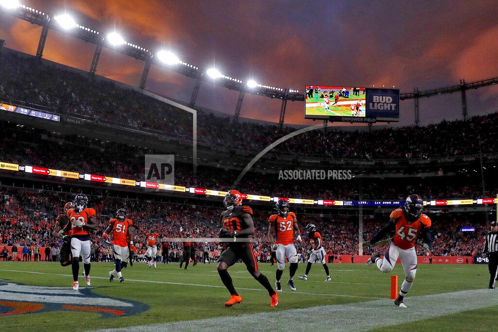 David Zalubowski Cleveland Browns wide receiver Jarvis Landry (80) scores a touchdown as Denver Broncos linebacker A.J. Johnson (45), defensive back Duke Dawson (20), and linebacker Justin Hollins (52) defend during the second half of NFL football game, Sunday, Nov. 3, 2019, in Denver. (AP Photo/David Zalubowski)