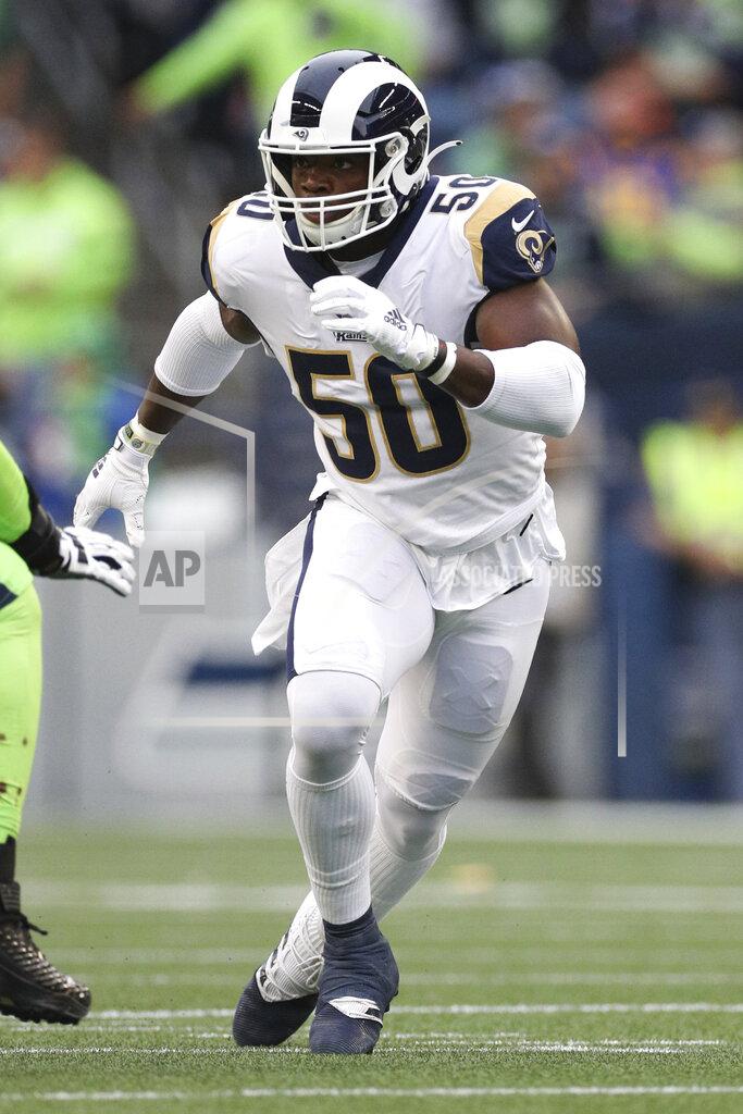 Margaret Bowles Los Angeles Rams outside linebacker Samson Ebukam (50) takes a defensive position during an NFL game against the Seattle Seahawks, Thursday, Oct. 3, 2019, in Seattle. The Seahawks defeated the Rams 30-29. (Margaret Bowles via AP)