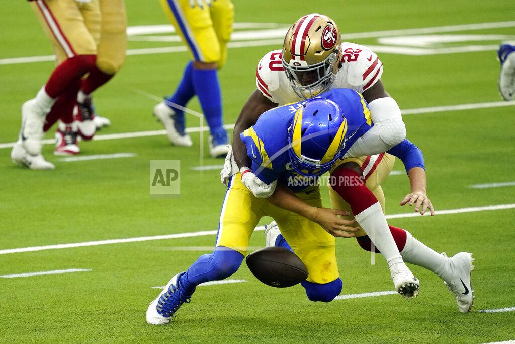 Alex Gallardo Los Angeles Rams quarterback Jared Goff, bottom, fumbles as he is hit by San Francisco 49ers free safety Jimmie Ward during the first half of an NFL football game Sunday, Nov. 29, 2020, in Inglewood, Calif. (AP Photo/Alex Gallardo)