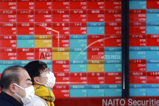 People walk by an electronic stock board of a securities firm in Tokyo, Wednesday, Jan. 12, 2022. Asian stock markets followed Wall Street higher on Wednesday after Federal Reserve chairman Jerome Powell said monetary policy would return to normal and interest rates might be raised earlier than planned.(AP Photo/Koji Sasahara)