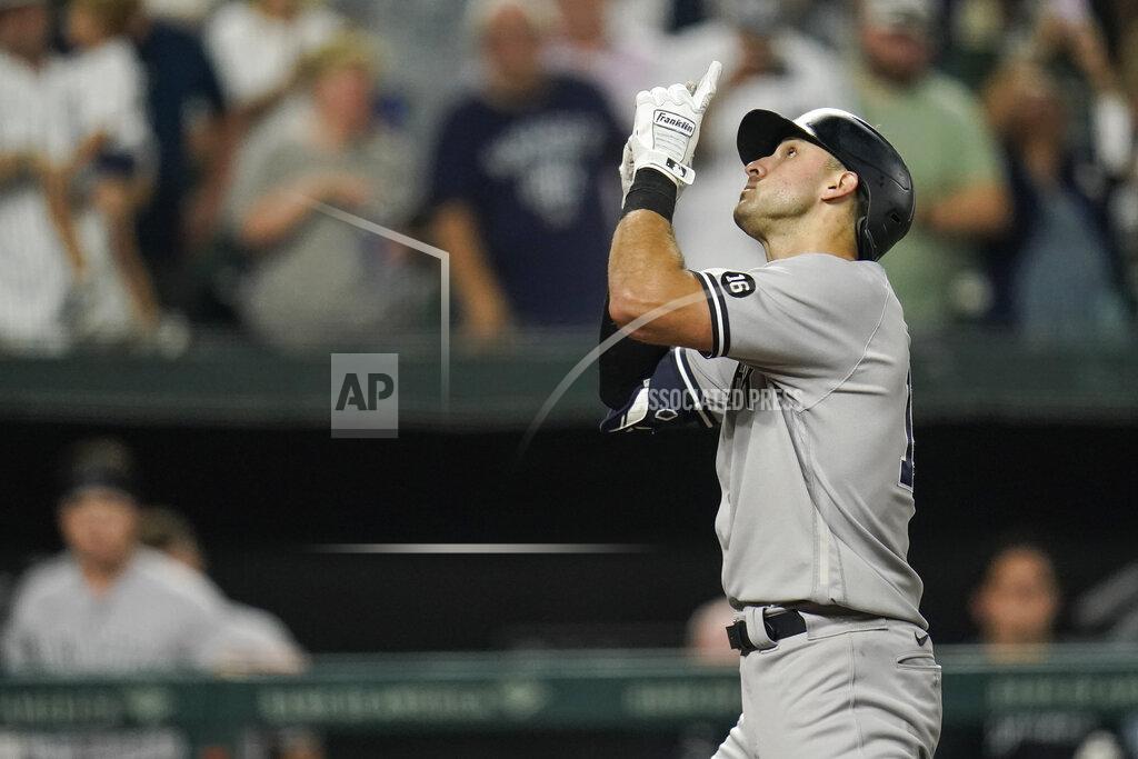Julio Cortez New York Yankees' Joey Gallo gestures after hitting a solo home run against the Baltimore Orioles during the eighth inning of a baseball game, Tuesday, Sept. 14, 2021, in Baltimore. (AP Photo/Julio Cortez)