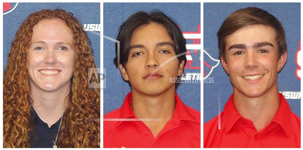 Uncredited This combo of undated photos provided by the University of the Southwest, shows from left, golfers Karisa Raines, Mauricio Sanchez and Tiago Sousa. All three were killed in a fiery, head-on collision in West Texas, Tuesday evening, March 15, 2022. (University of the Southwest via AP)