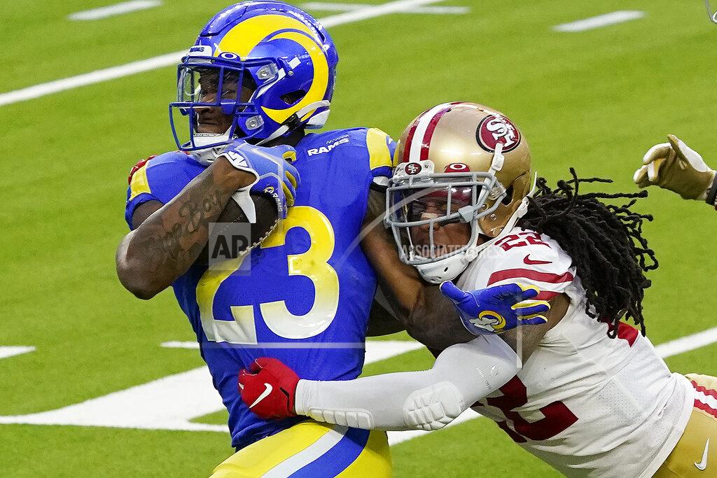 Alex Gallardo Los Angeles Rams running back Cam Akers (23) is tackled by San Francisco 49ers cornerback Jason Verrett (22) during the second half of an NFL football game Sunday, Nov. 29, 2020, in Inglewood, Calif. (AP Photo/Alex Gallardo)