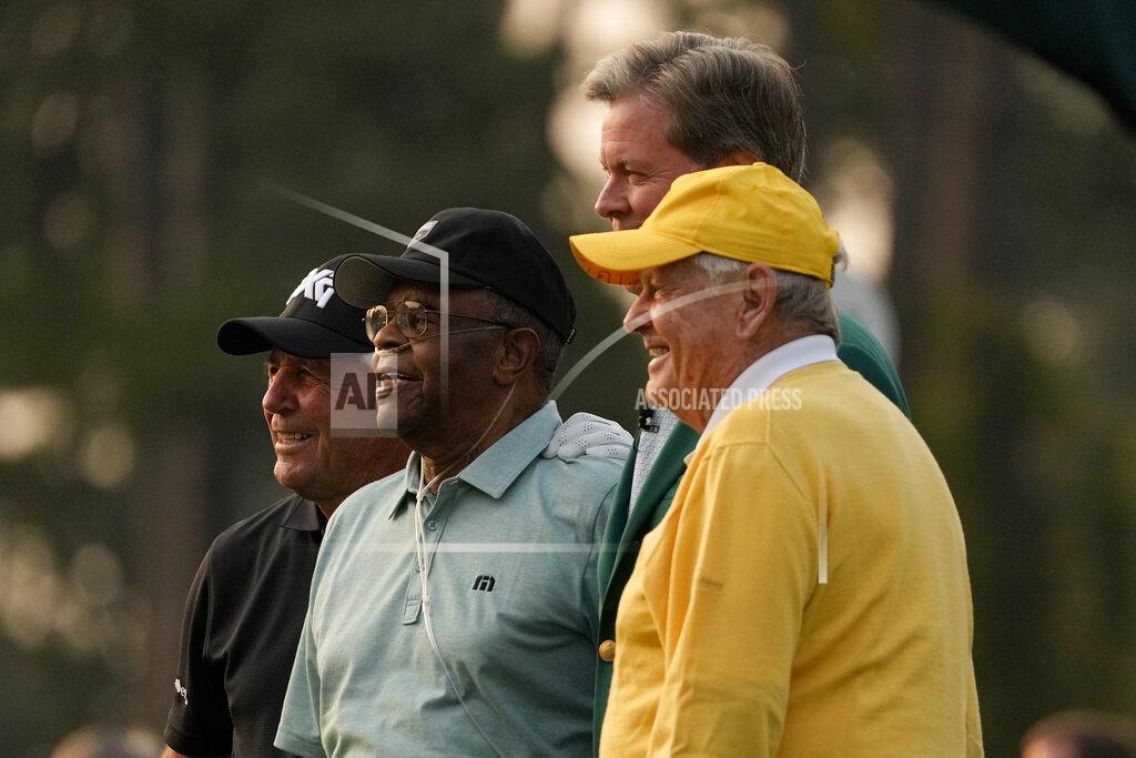 Gregory Bull From left, Gary Player, Lee Elder, Fred Ridley, chairman of Augusta National Golf Club and the Masters Tournament and Jack Nicklaus pose after the ceremonial first tees during the first round of the Masters golf tournament on Thursday, April 8, 2021, in Augusta, Ga. (AP Photo/Gregory Bull)