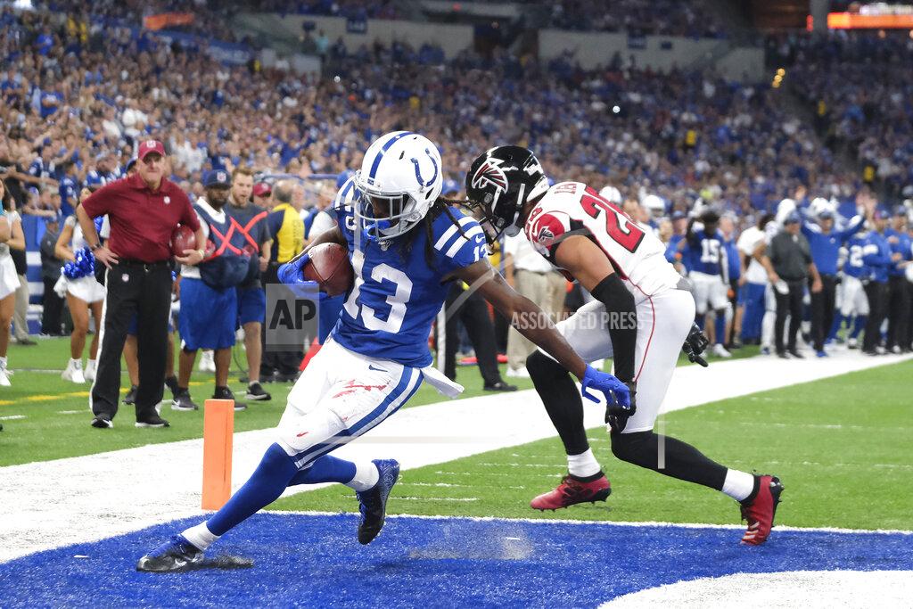 Aj Mast Indianapolis Colts wide receiver T.Y. Hilton makes a touchdown reception against Atlanta Falcons cornerback Isaiah Oliver (26) during the first half of an NFL football game, Sunday, Sept. 22, 2019, in Indianapolis. (AP Photo/AJ Mast)
