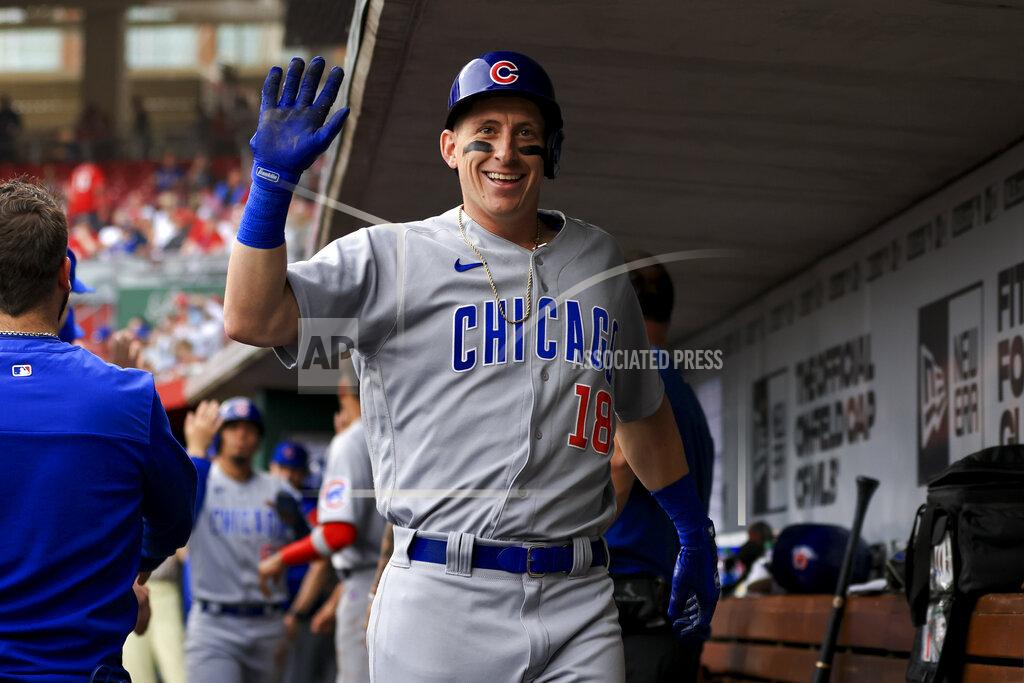 Aaron Doster Chicago Cubs' Frank Schwindel waves in the dugout after hitting a two-run home run during the first inning of a baseball game against the Cincinnati Reds in Cincinnati, Tuesday, May 24, 2022. (AP Photo/Aaron Doster)