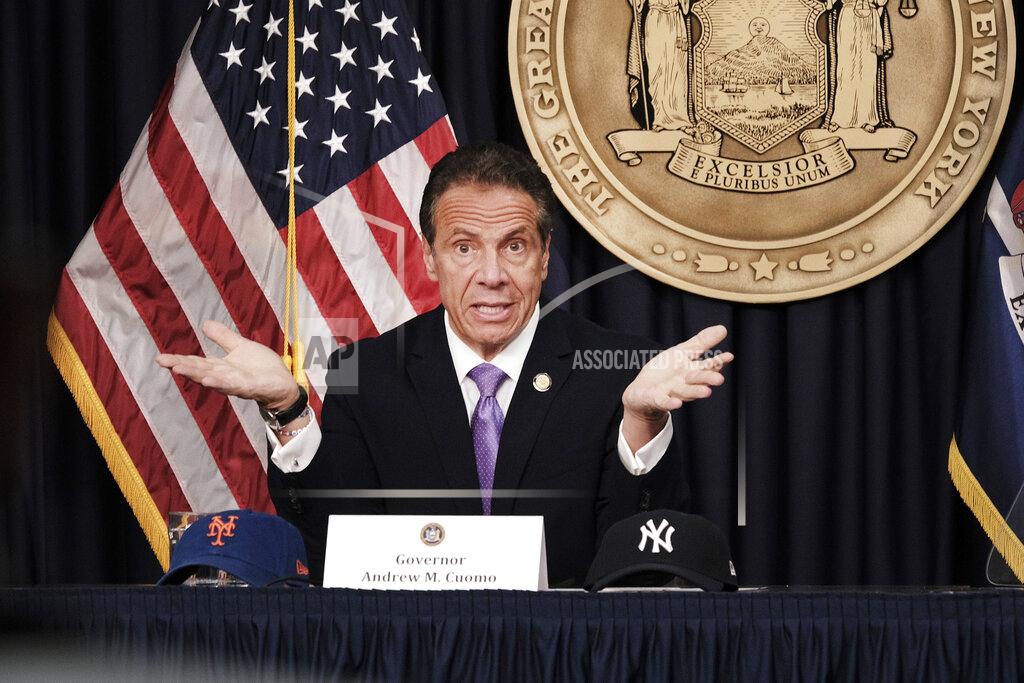 Spencer Platt New York Gov. Andrew Cuomo speaks during a news conference, Wednesday, May 5, 2021, in New York. Gov. Cuomo said Broadway theaters can reopen Sept. 14 and will be allowed to decide their own entry requirements, like whether people must prove they've been vaccinated to attend a show. (Spencer Platt/Pool Photo via AP)