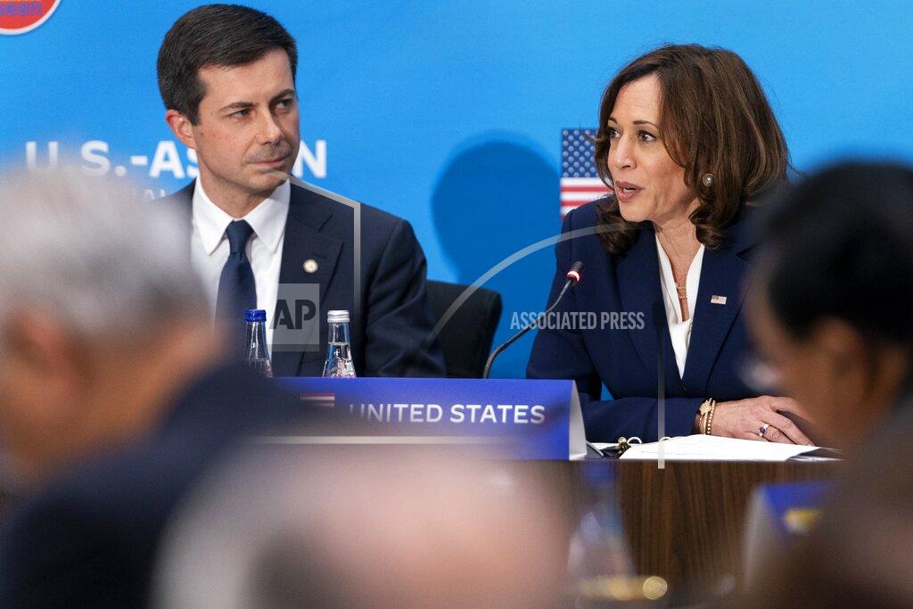 Jacquelyn Martin Vice President Kamala Harris, right, next to Transportation Secretary Pete Buttigieg, speaks during a plenary session of the US-ASEAN Summit, Friday, May 13, 2022, at the State Department in Washington. (AP Photo/Jacquelyn Martin)