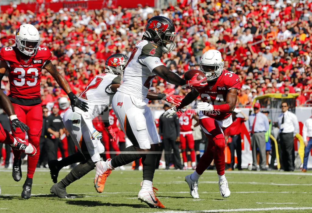 Mark Lomoglio Tampa Bay Buccaneers running back Ronald Jones II (27) reaches the ball across the goalline to score on a 7-yard touchdown run against the Arizona Cardinals during the first half of an NFL football game Sunday, Nov. 10, 2019, in Tampa, Fla. (AP Photo/Mark LoMoglio)