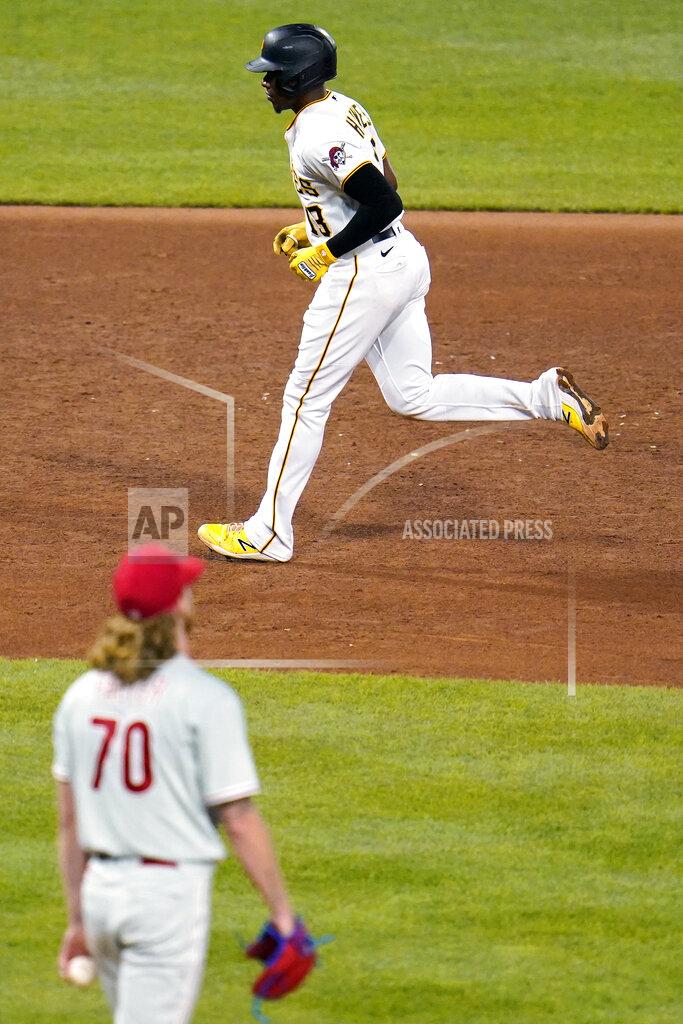 Gene J. Puskar Pittsburgh Pirates' Ke'Bryan Hayes runs the bases after hitting a solo home run off Philadelphia Phillies starting pitcher Bailey Falter (70) during the sixth inning of a baseball game in Pittsburgh, Friday, July 29, 2022. (AP Photo/Gene J. Puskar)