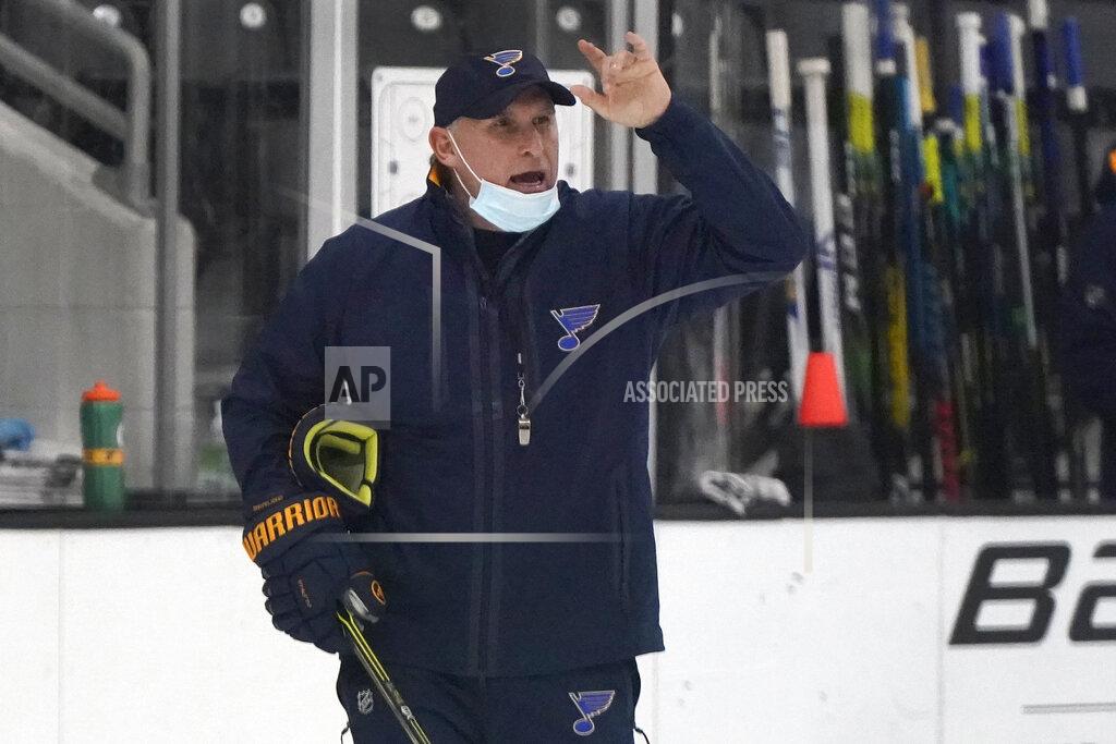 Jeff Roberson St. Louis Blues head coach Craig Berube instructs his team during NHL hockey training camp Tuesday, Jan. 5, 2021, in Maryland Heights, Mo. (AP Photo/Jeff Roberson)