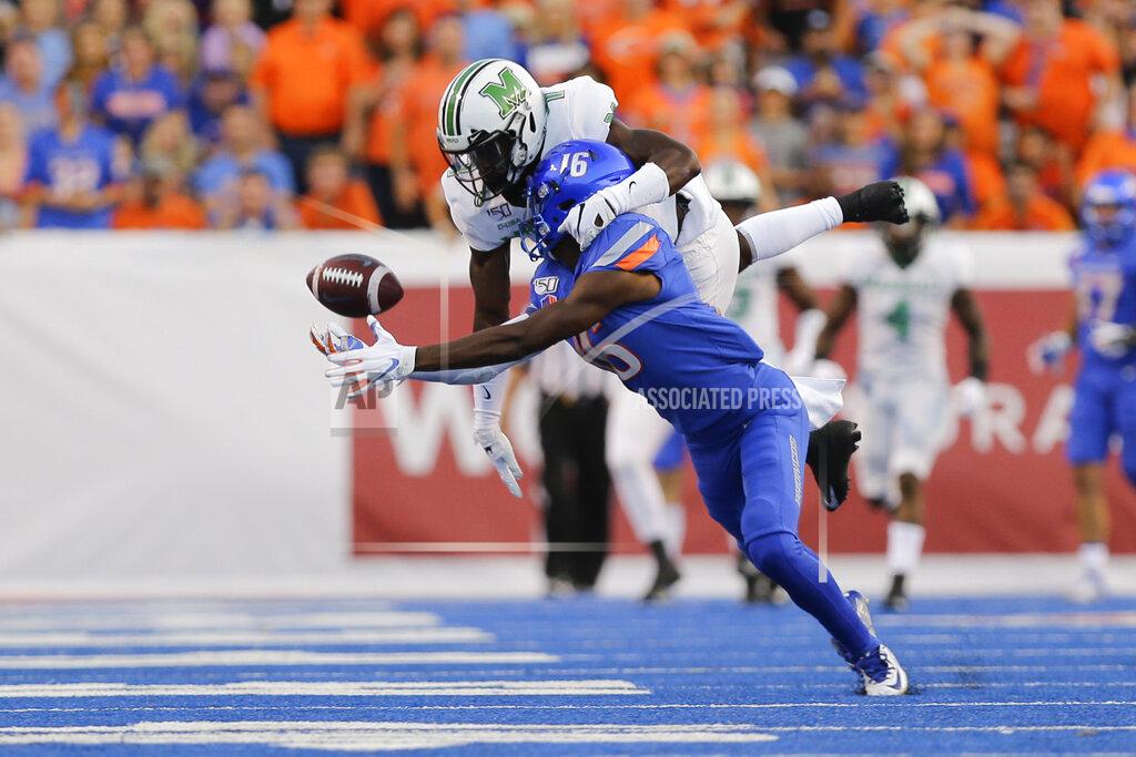 Otto Kitsinger Boise State wide receiver John Hightower (16) and Marshall defensive back Jaylon McClain-Sapp go for pass during the first half of an NCAA college football game in Boise, Idaho, Friday, Sept. 6, 2019. (AP Photo/Otto Kitsinger)