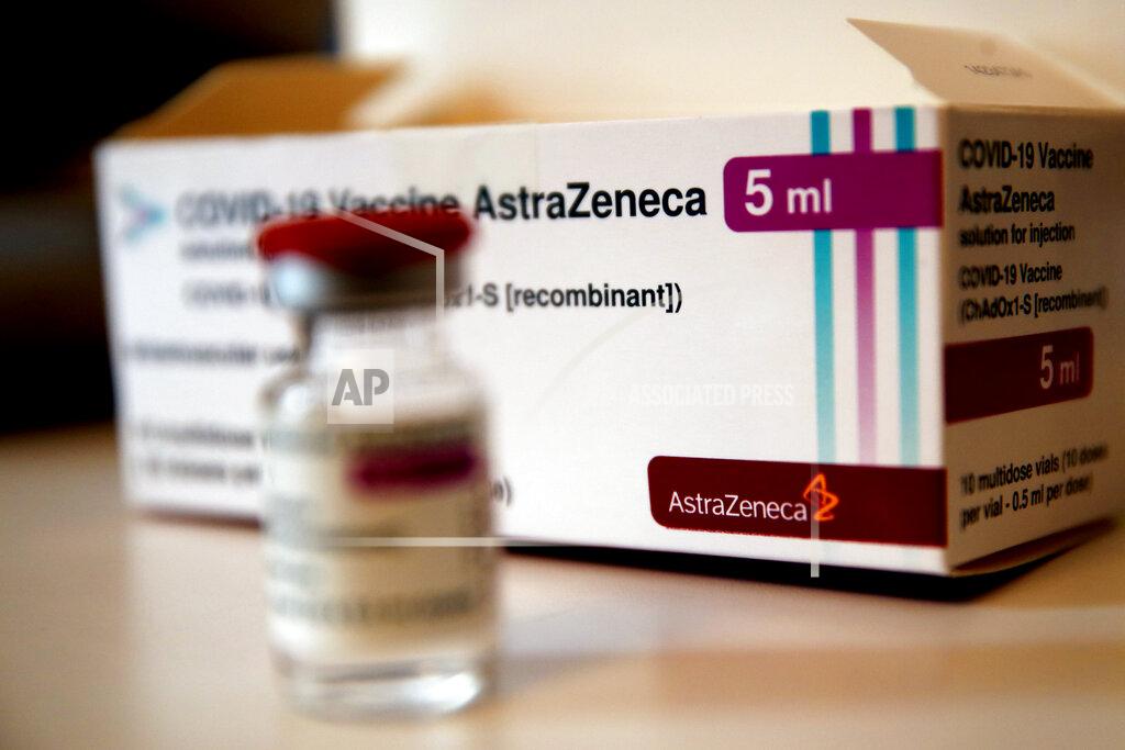 Christophe Ena A box of AstraZeneca vaccine is pictured in a pharmacy in Boulogne Billancourt, outside Paris, Monday, March 15, 2021. Germany, France and Italy on Monday became the latest countries to suspend use of AstraZeneca's COVID-19 vaccine over reports of dangerous blood clots in some recipients. (AP Photo/Christophe Ena)