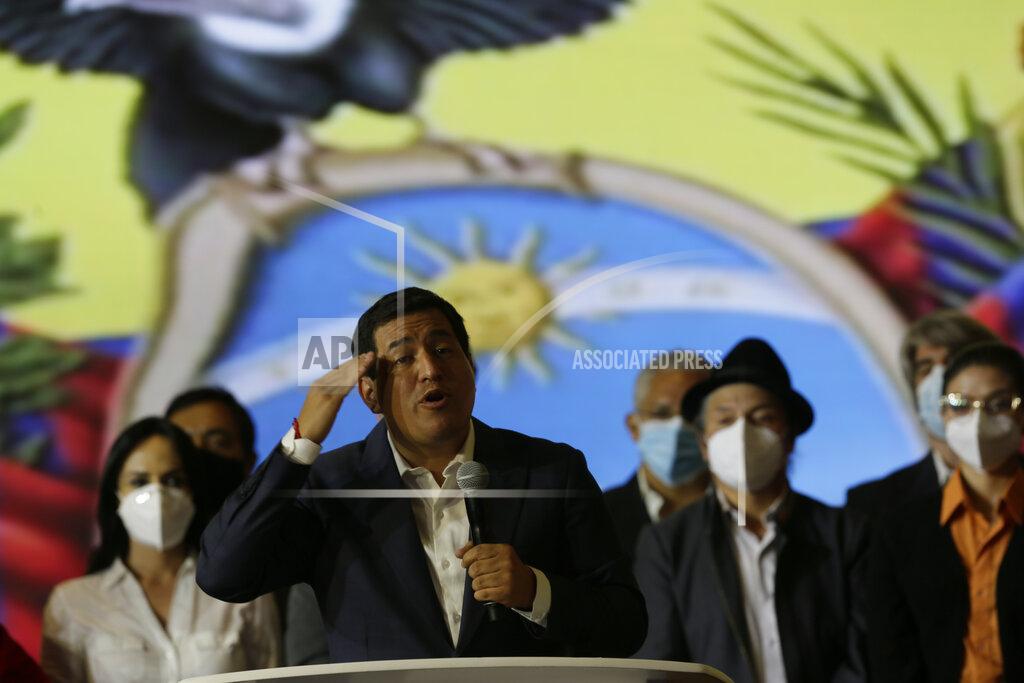 Dolores Ochoa Andres Arauz, presidential candidate of the Alianza Union por la Esperanza, UNES, speaks from his campaign headquarters in Quito, Ecuador, Sunday, April 11, 20201. With most of the votes counted Guillermo Lasso, candidate of Creating Opportunities party, CREO, a former banker, had a lead over Arauz, a protege of former President Rafael Correa. (AP Photo/Angel Dejesus)