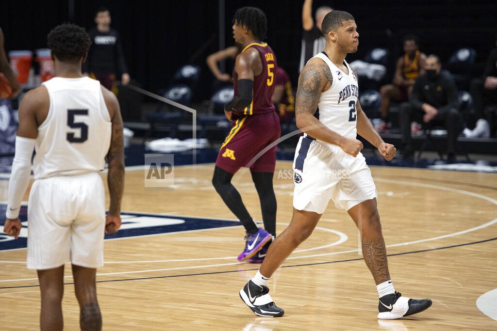 Noah Riffe Penn State guard Myles Dread (2) celebrates after scoring a buzzer-beater 3-point shot against Minnesota during an NCAA college basketball game Wednesday, March 3, 2021, in State College, Pa. (Noah Riffe/Centre Daily Times via AP)