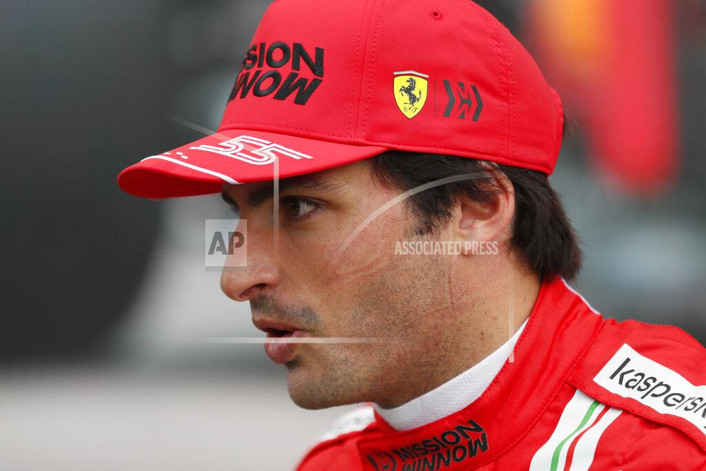 Yuri Kochetkov Ferrari's Spanish driver Carlos Sainz Jr reacts after taking the second position during the qualifying session of the 2021 Formula One Grand Prix of Russia at the Sochi Autodrom race track in Sochi, Russia, Saturday, Sept. 25, 2021. The Russian Formula One Grand Prix will be held on Sunday. (Yuri Kochetkov/Pool Photo via AP)