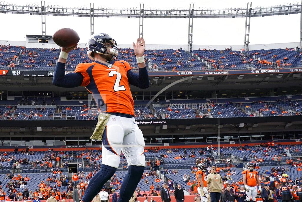 Jack Dempsey Denver Broncos quarterback Brandon Allen (2) warms up prior to an NFL football game against the Cleveland Browns, Sunday, Nov. 3, 2019, in Denver. (AP Photo/Jack Dempsey)