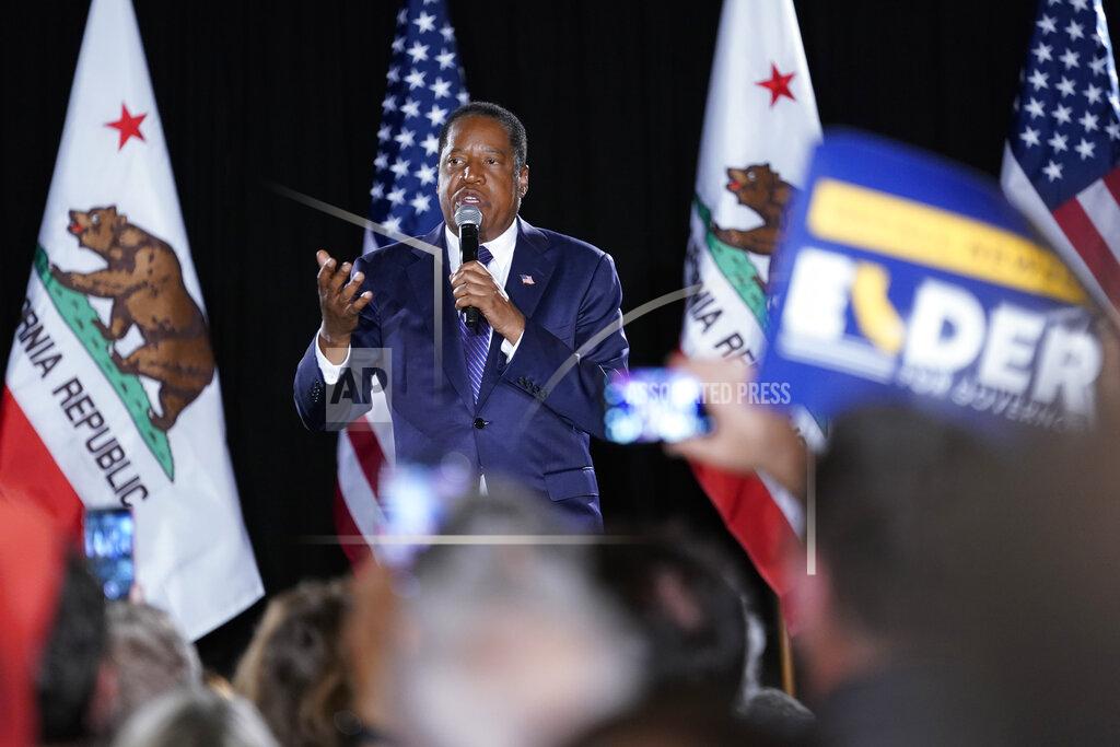 Ashley Landis Republican conservative radio show host Larry Elder speaks to supporters after losing the California gubernatorial recall election Tuesday, Sept. 14, 2021, in Costa Mesa, Calif. The rare, late-summer election, which challenged California Governor Gavin Newsom, has emerged as a national battlefront on issues from COVID-19 restrictions to climate change. (AP Photo/Ashley Landis)