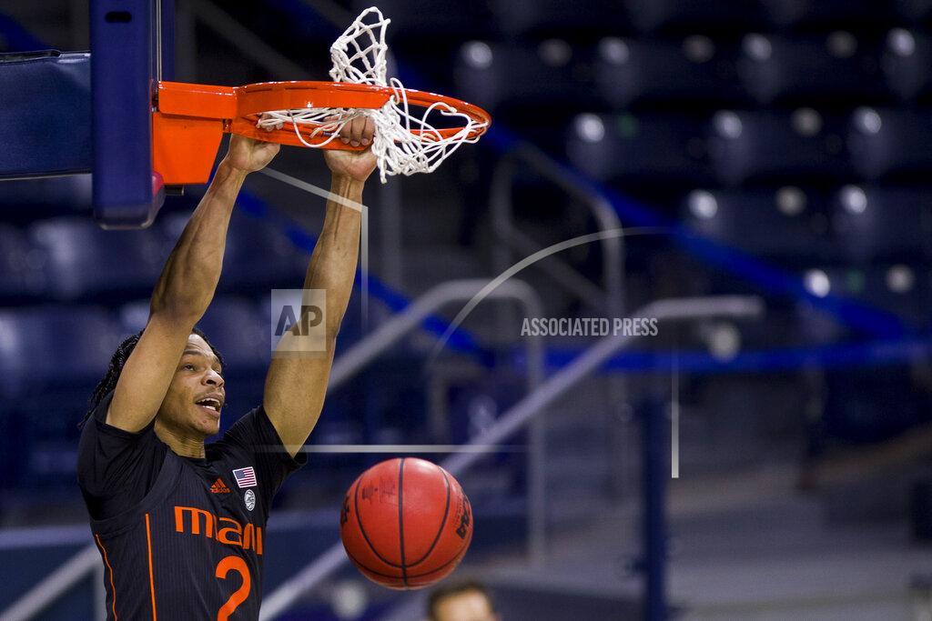 Robert Franklin Miami's Isaiah Wong (2) dunks during the second half of an NCAA college basketball game against Notre Dame on Sunday, Feb. 14, 2021, in South Bend, Ind. Notre Dame won 71-61. (AP Photo/Robert Franklin)