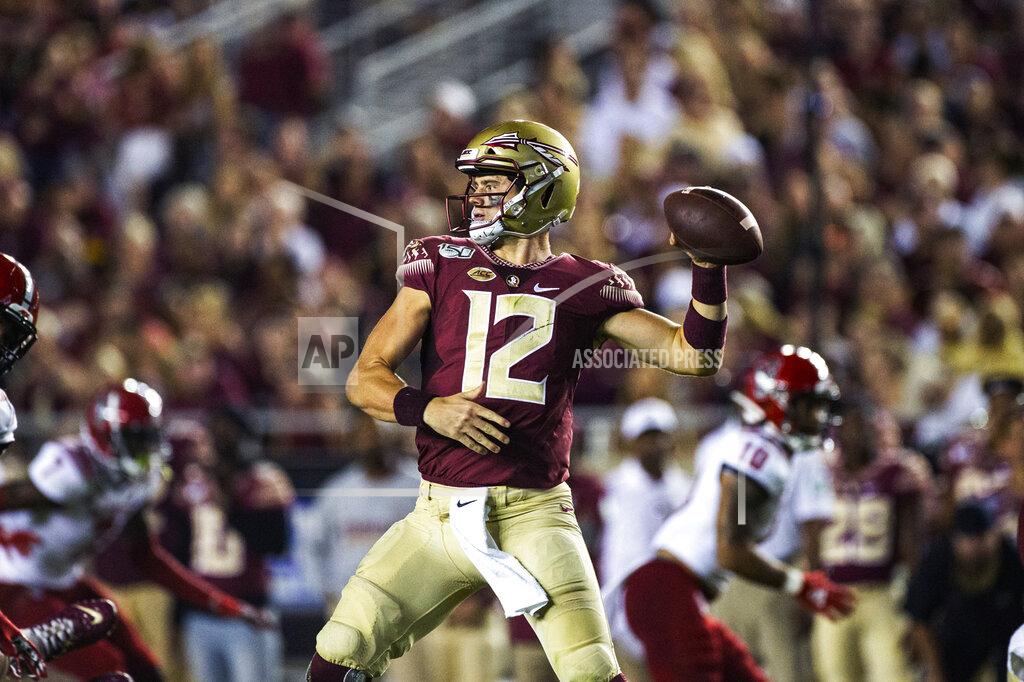 Mark Wallheiser Florida State quarterback Alex Hornibrook (12) throws in the first half of an NCAA college football game against North Carolina State in Tallahassee, Fla., Saturday, Sept. 28, 2019. (AP Photo/Mark Wallheiser)