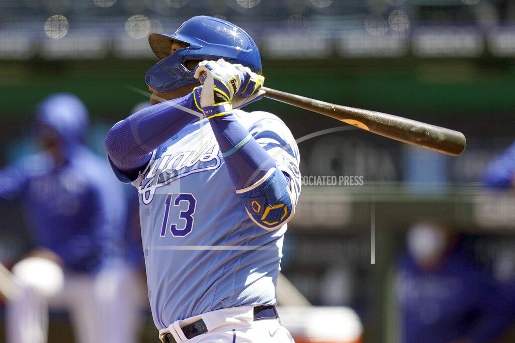 Orlin Wagner Kansas City Royals Salvador Perez hits a solo home run off Los Angeles Angels starting pitcher Griffin Canning during the third inning of a baseball game at Kauffman Stadium in Kansas City, Mo., Wednesday, April 14, 2021. (AP Photo/Orlin Wagner)