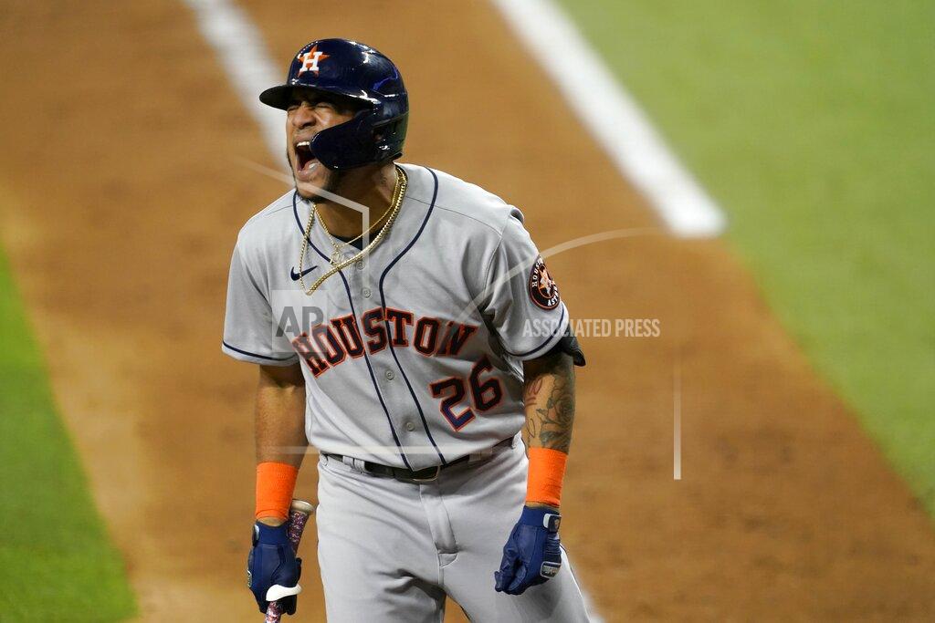 Tony Gutierrez Houston Astros' Jose Siri shouts after on the left hand by a pitch from Texas Rangers' Jordan Lyles during the fifth inning of a baseball game in Arlington, Texas, Tuesday, Sept. 14, 2021. Siri stayed in the game. (AP Photo/Tony Gutierrez)