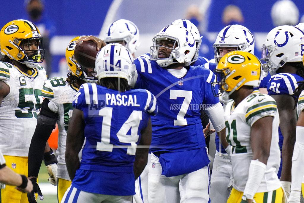 Aj Mast Indianapolis Colts quarterback Jacoby Brissett (7) reacts after rushing for a first down on a fourth down play during the second half of an NFL football game against the Green Bay Packers, Sunday, Nov. 22, 2020, in Indianapolis. (AP Photo/AJ Mast)