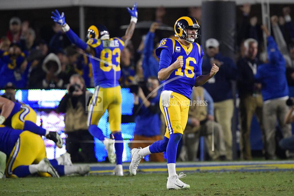 Mark J. Terrill Los Angeles Rams quarterback Jared Goff celebrates after a touchdown by running back C.J. Anderson during the second half in an NFL divisional football playoff game against the Dallas Cowboys Saturday, Jan. 12, 2019, in Los Angeles. (AP Photo/Mark J. Terrill)