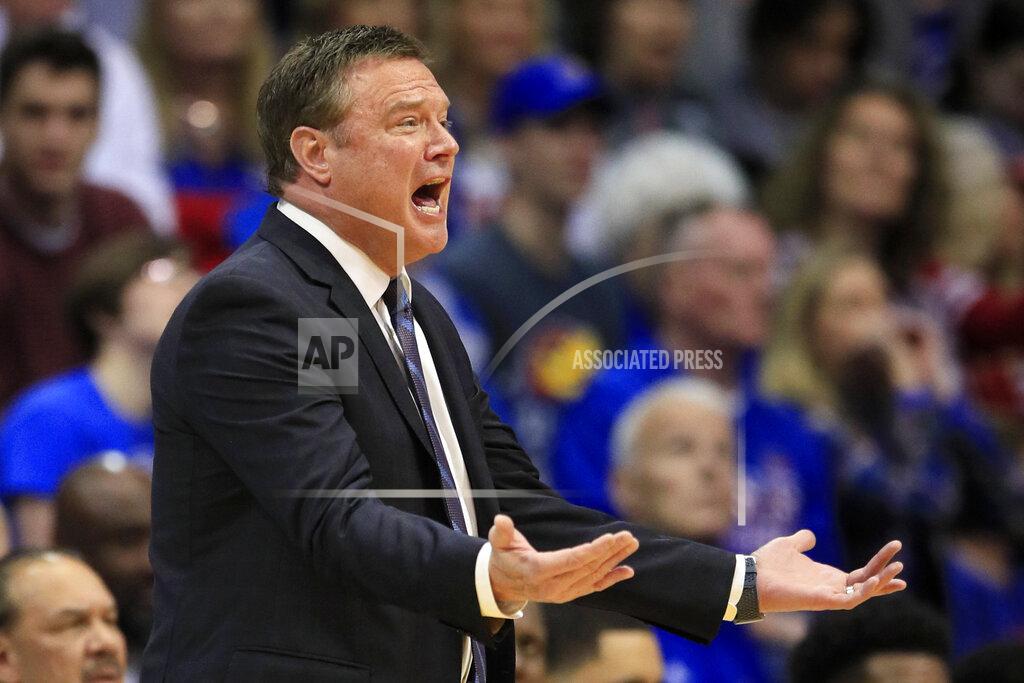 Orlin Wagner Kansas head coach Bill Self questions a call during the first half of an NCAA college basketball game against Oklahoma in Lawrence, Kan., Saturday, Feb. 15, 2020. (AP Photo/Orlin Wagner)