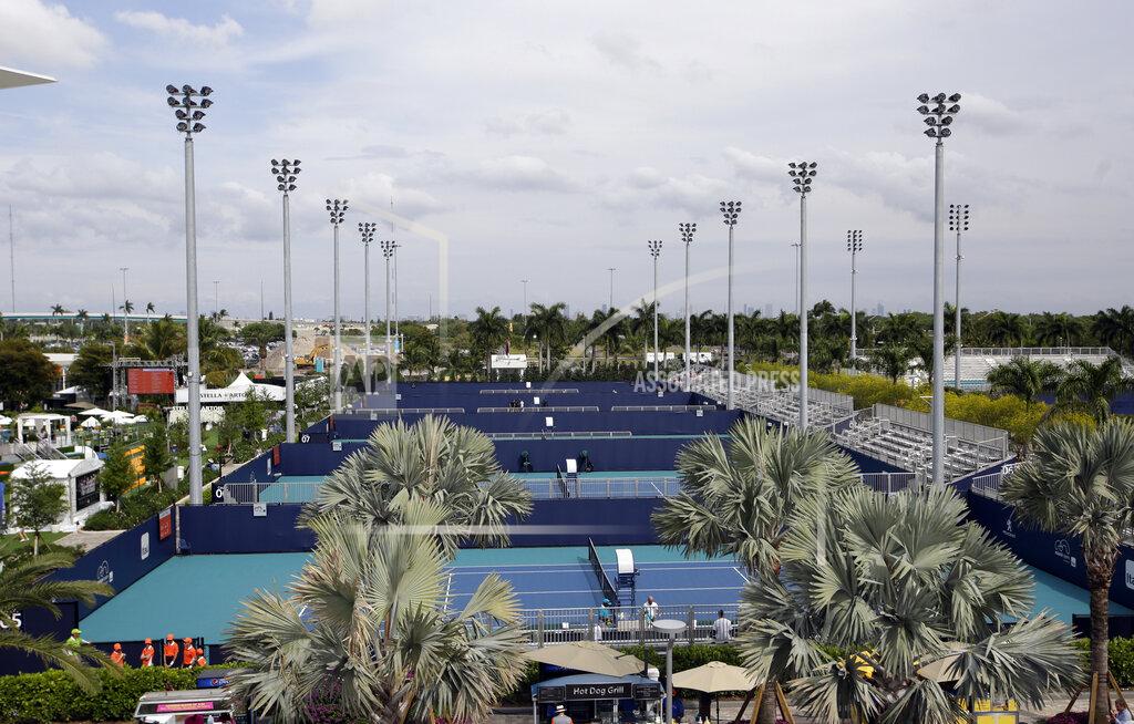 Lynne Sladky The outside courts of the Miami Open tennis tournament are viewed at Hard Rock Stadium, Monday, March 18, 2019, in Miami Gardens, Fla. The Miami Open has moved north from its home since 1987, the picturesque island of Key Biscayne, and will begin Tuesday at the home of the Miami Dolphins and the Miami Hurricanes. (AP Photo/Lynne Sladky)