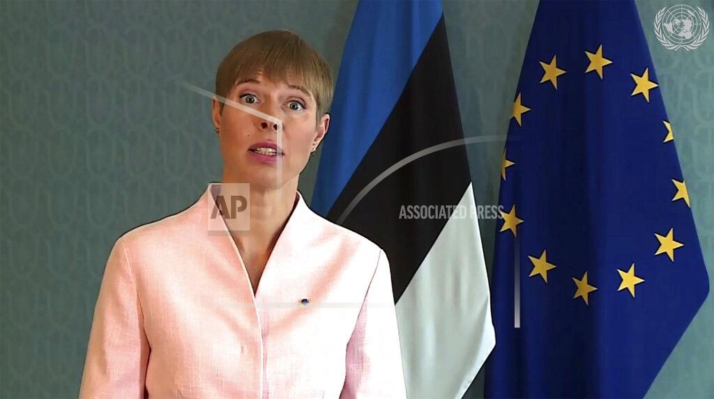 Uncredited In this image made from UNTV video, Kersti Kaljulaid, President of Estonia, speaks in a pre-recorded message which was played during the 75th session of the United Nations General Assembly, Thursday Sept. 24, 2020, at UN headquarters, in New York. (UNTV via AP)