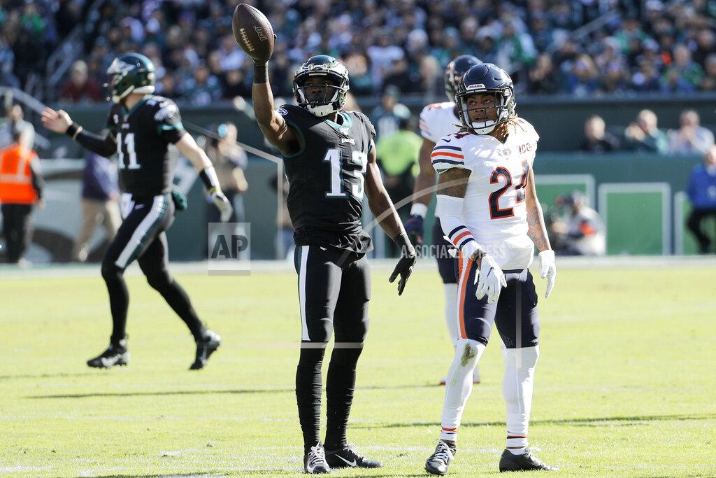 Chris Szagola Philadelphia Eagles' Nelson Agholor (13) reacts past Chicago Bears' Buster Skrine (24) after a first down during the first half of an NFL football game, Sunday, Nov. 3, 2019, in Philadelphia. (AP Photo/Chris Szagola)