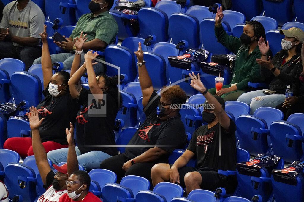 Eric Gay Stanford fans cheer on guard Kianna Williams during the first half of a college basketball game against Missouri State in the Sweet Sixteen round of the women's NCAA tournament at the Alamodome in San Antonio, Sunday, March 28, 2021. (AP Photo/Eric Gay)