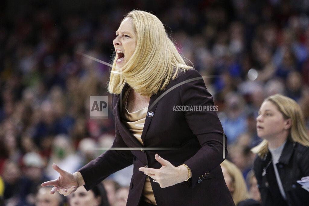 Young Kwak Maryland head coach Brenda Frese reacts near the bench during the first half of a college basketball game against Stanford in the Sweet 16 round of the NCAA tournament, Friday, March 25, 2022, in Spokane, Wash. (AP Photo/Young Kwak)