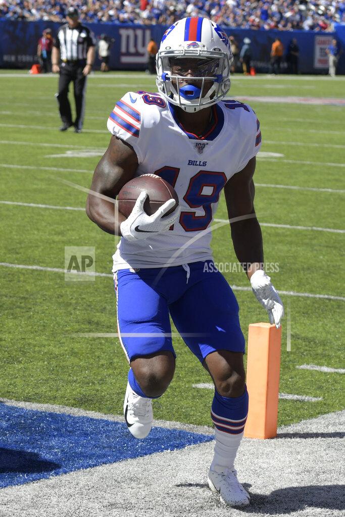 Bill Kostroun Buffalo Bills' Isaiah McKenzie scores a touchdown during the first half of an NFL football game against the Buffalo Bills, Sunday, Sept. 15, 2019, in East Rutherford, N.J. (AP Photo/Bill Kostroun)
