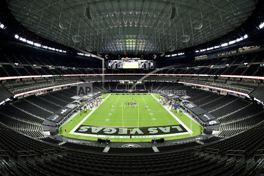 David Becker Las Vegas Raiders play against the New Orleans Saints during the second half of an NFL football game, Monday, Sept. 21, 2020, in Las Vegas. (AP Photo/David Becker)