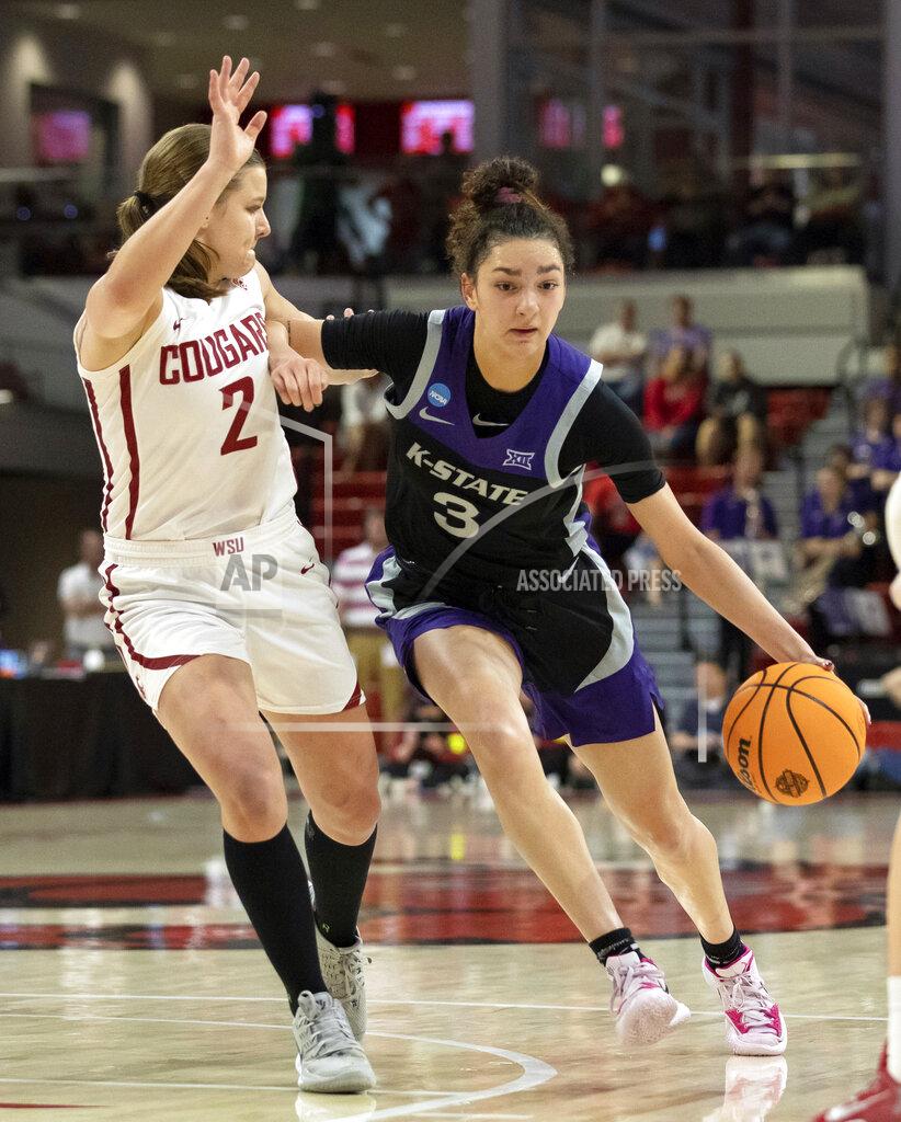 Ben Mckeown Kansas State's Jaelyn Glenn (3) drives against Washington State's Michaela Jones (2) during the first half of a college basketball game in the first round of the NCAA tournament in Raleigh, N.C., Saturday, March 19, 2022. (AP Photo/Ben McKeown)